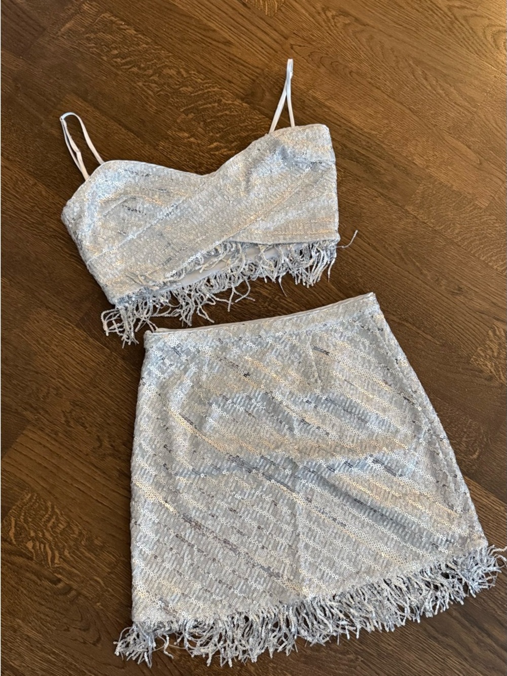 SAYLOR Silver Sequin Fringe Two-Piece Skirt Set